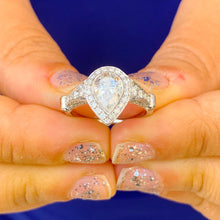 Load image into Gallery viewer, GIA/IGI Certified 14K White Gold Pear And Round Cut Diamonds Engagement ring Bezel Set Filigree Antique Style 1.85ctw F-VS2