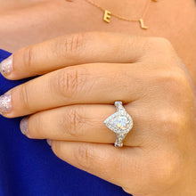 Load image into Gallery viewer, 14k Solid White Gold Pear Cut Forever One Moissanite and Natural Diamond Engagement Ring Bezel Set Halo, Bridal, Antique Style 1.85ctw