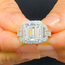 Load image into Gallery viewer, 14k solid white gold emerald cut moissanite and natural round & baguettes diamond engagement ring deco halo bridal wedding 5.00ctw
