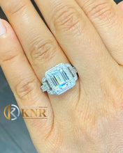 Load image into Gallery viewer, 14k solid white gold emerald cut moissanite and natural round & baguettes diamond engagement ring deco halo bridal wedding 5.00ctw