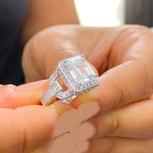 Load image into Gallery viewer, 14k Solid White Gold Emerald Cut Moissanite And Natural Diamond Engagement Ring Halo Split Shank Bridal Wedding 4.00ctw