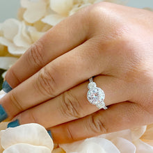 Load image into Gallery viewer, 14k solid white gold round cut diamond enagement ring three stone style halo bridal wedding natural diamonds prong set 2.00ctw