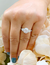 Load image into Gallery viewer, 14k solid white gold round cut diamond enagement ring three stone style halo bridal wedding natural diamonds prong set 2.00ctw