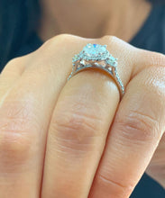 Load image into Gallery viewer, 14k solid white gold round cut diamond enagement ring three stone style halo bridal wedding natural diamonds prong set 2.00ctw