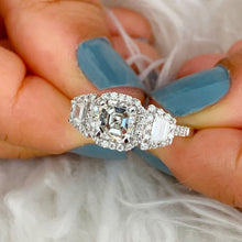Load image into Gallery viewer, 14k solid white gold asscher cut forever one moissanite and round and trapezoids natural diamond engagement ring Halo bridal 2.50ctw