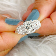 Load image into Gallery viewer, 14k solid white gold asscher cut moissanite and round and trapezoids natural diamond engagement ring Halo bridal 2.50ctw