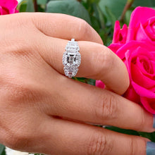 Load image into Gallery viewer, 14k solid white gold asscher cut moissanite and round and trapezoids natural diamond engagement ring Halo bridal 2.50ctw