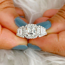 Load image into Gallery viewer, GIA/IGI Certified 14k Solid White Gold Asscher Cut Round And Trapezoids Diamond Engagement Ring Halo bridal 2.50ctw F-VS2