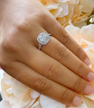 Load image into Gallery viewer, 14k Solid White Gold Cushion Cut Forever One Moissanite and Natural Diamond Engagement Ring Soleste Style Double Halo 1.80ctw