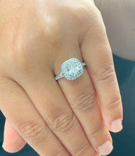 Load image into Gallery viewer, 14k Solid White Gold Cushion Cut Moissanite and Natural Diamond Engagement Ring Soleste Style Double Halo 1.80ctw