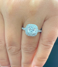 Load image into Gallery viewer, GIA/IGI Certified 14K Solid White Gold Cushion and Round Cut Diamonds Engagement Ring Double Halo 1.80ctw F-VS2