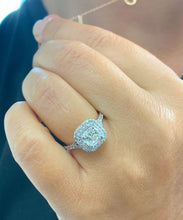 Load image into Gallery viewer, GIA/IGI Certified 14K Solid White Gold Cushion and Round Cut Diamonds Engagement Ring Double Halo 1.80ctw F-VS2
