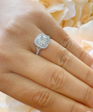 Load image into Gallery viewer, GIA/IGI Certified 14K Solid White Gold Cushion and Round Cut Diamonds Engagement Ring Double Halo 1.80ctw F-VS2