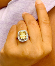 Load image into Gallery viewer, Huge Women's 14k solid white gold Fancy Yellow Cushion simulated and round cut natural diamond engagement ring Halo 5.70ct