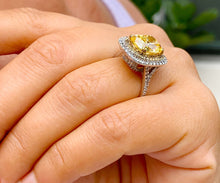 Load image into Gallery viewer, Huge Women's 14k solid white gold Fancy Yellow Cushion simulated and round cut natural diamond engagement ring Halo 5.70ct