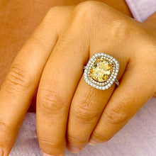 Load image into Gallery viewer, Huge Women's 14k solid white gold Fancy Yellow Cushion simulated and round cut natural diamond engagement ring Halo 5.70ct