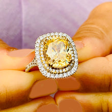 Load image into Gallery viewer, Huge Women's 14k solid white gold Fancy Yellow Cushion simulated and round cut natural diamond engagement ring Halo 5.70ct