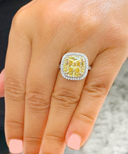 Load image into Gallery viewer, Huge Women's 14k solid white gold Fancy Yellow Cushion simulated and round cut natural diamond engagement ring Halo 5.70ct