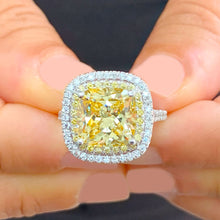 Load image into Gallery viewer, Huge Women's 14k solid white gold Fancy Yellow Cushion simulated and round cut natural diamond engagement ring Halo 5.70ct