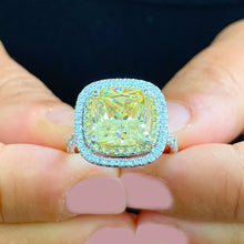 Load image into Gallery viewer, Huge Women's 14k solid white gold Fancy Yellow Cushion simulated and round cut natural diamond engagement ring Halo 5.70ct