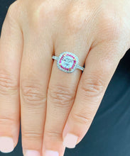 Load image into Gallery viewer, 2.20Ctw Women's 14k solid white gold cushion cut moissanite and natural diamond and ruby engagement ring Bridal Wedding Halo