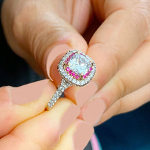 Load image into Gallery viewer, 2.20Ctw Women's 14k solid white gold cushion cut moissanite and natural diamond and ruby engagement ring Bridal Wedding Halo