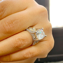 Load image into Gallery viewer, Huge 6.50 Carat Women's 14k solid white and yellow gold cushion cut moissanite and natural round cut diamond engagement ring