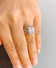 Load image into Gallery viewer, Huge 6.50 Carat Women's 14k solid white and yellow gold cushion cut moissanite and natural round cut diamond engagement ring