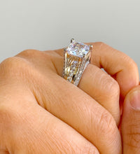 Load image into Gallery viewer, Huge 6.50 Carat Women's 14k solid white and yellow gold cushion cut moissanite and natural round cut diamond engagement ring