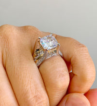 Load image into Gallery viewer, Huge 6.50 Carat Women's 14k solid white and yellow gold cushion cut moissanite and natural round cut diamond engagement ring