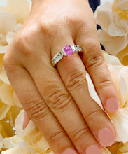 Load image into Gallery viewer, 14K Solid White Gold Oval Cut Natural Pink Sapphire And Round Cut Natural Diamonds Semi Tension Set Ring 1.75ctw