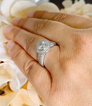 Load image into Gallery viewer, Filigree Antique Style 14k Solid White Gold Round Cut Moissanite and Natural Diamond Engagement Ring And Band Bezel Halo 1.70ctw