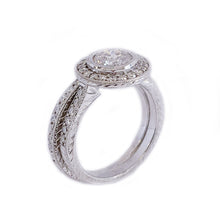 Load image into Gallery viewer, Filigree Antique Style 14k Solid White Gold Round Cut Moissanite and Natural Diamond Engagement Ring And Band Bezel Halo 1.70ctw