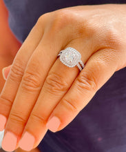 Load image into Gallery viewer, GIA/IGI Certified 14k Solid White Gold Cushion Cut Diamond Engagement Ring And Band Double Halo Diamonds Bridal Wedding Set 1.80ctw F-VS2