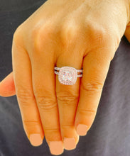 Load image into Gallery viewer, 14k solid white gold cushion cut diamond egagement ring and band art deco double halo natural diamonds bridal wedding set 1.60ctw