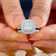 Load image into Gallery viewer, 14k solid white gold cushion cut diamond egagement ring and band art deco double halo natural diamonds bridal wedding set 1.60ctw