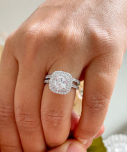 Load image into Gallery viewer, 14k solid white gold cushion cut diamond egagement ring and band art deco double halo natural diamonds bridal wedding set 1.60ctw