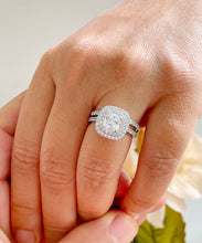 Load image into Gallery viewer, 14k solid white gold cushion cut diamond egagement ring and band art deco double halo natural diamonds bridal wedding set 1.60ctw