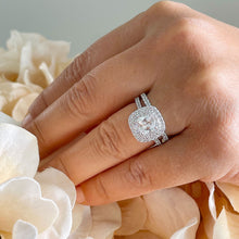 Load image into Gallery viewer, 14k solid white gold cushion cut diamond egagement ring and band art deco double halo natural diamonds bridal wedding set 1.60ctw