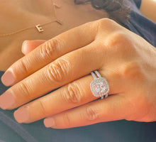 Load image into Gallery viewer, 14k solid white gold cushion cut diamond egagement ring and band art deco double halo natural diamonds bridal wedding set 1.60ctw