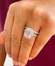 Load image into Gallery viewer, GIA/IGI Certified 14k Solid White Gold Emerald Cut And Round Diamond Engagement Ring And Band Double Halo Bridal Wedding 3.00ct F-VS2