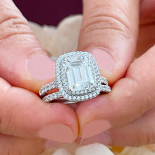 Load image into Gallery viewer, GIA/IGI Certified 14k Solid White Gold Emerald Cut And Round Diamond Engagement Ring And Band Double Halo Bridal Wedding 3.00ct F-VS2