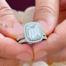Load image into Gallery viewer, GIA/IGI Certified 14k Solid White Gold Emerald Cut And Round Diamond Engagement Ring And Band Double Halo Bridal Wedding 3.00ct F-VS2