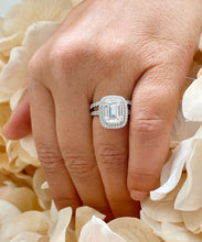 Load image into Gallery viewer, GIA/IGI Certified 14k Solid White Gold Emerald Cut And Round Diamond Engagement Ring And Band Double Halo Bridal Wedding 3.00ct F-VS2