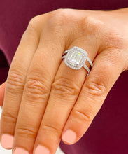 Load image into Gallery viewer, GIA/IGI Certified 14k Solid White Gold Emerald Cut And Round Diamond Engagement Ring And Band Double Halo Bridal Wedding 3.00ct F-VS2