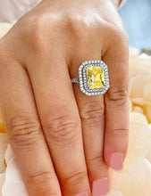 Load image into Gallery viewer, Huge Women's 14k solid white gold Light Fancy Yellow Radiant simulated and round cut natural diamond engagement ring Halo 6.00ct