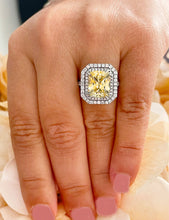 Load image into Gallery viewer, Huge Women's 14k solid white gold Light Fancy Yellow Radiant simulated and round cut natural diamond engagement ring Halo 6.00ct