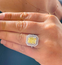 Load image into Gallery viewer, Huge Women's 14k solid white gold Light Fancy Yellow Radiant simulated and round cut natural diamond engagement ring Halo 6.00ct