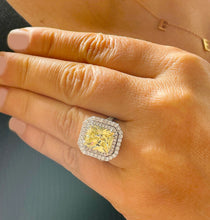 Load image into Gallery viewer, Huge Women's 14k solid white gold Light Fancy Yellow Radiant simulated and round cut natural diamond engagement ring Halo 6.00ct
