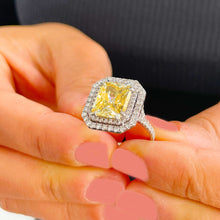 Load image into Gallery viewer, Huge Women's 14k solid white gold Light Fancy Yellow Radiant simulated and round cut natural diamond engagement ring Halo 6.00ct